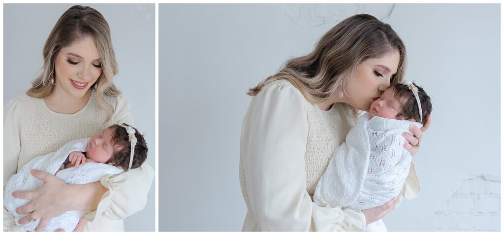 mom kissing newborn baby swaddled in white swaddle - Newborn Photographer in Shreveport