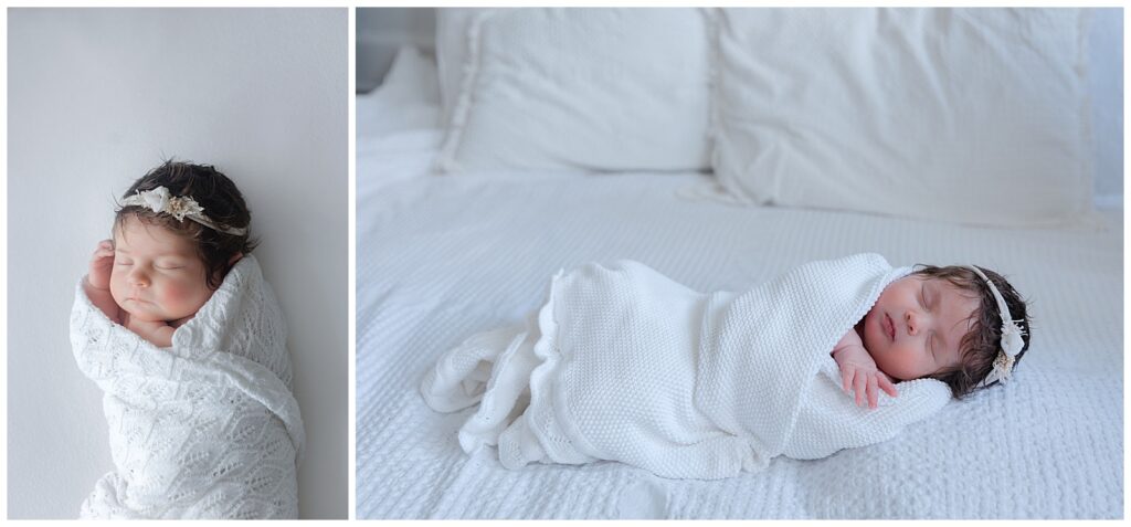 sleepy baby swaddled in white blanket and simple headband.  Newborn Photographer in Shreveport