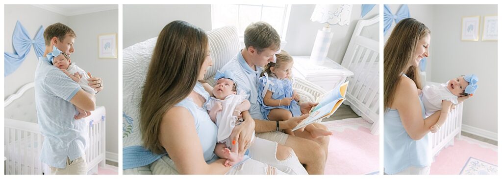 In-home newborn photography Shreveport family cuddling baby