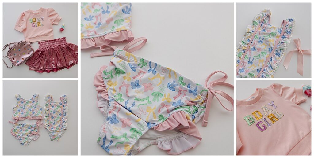 Pastel flat lay of children’s swimsuits and pink BDAY GIRL birthday outfit styled and photographed by Shreveport brand photographer.