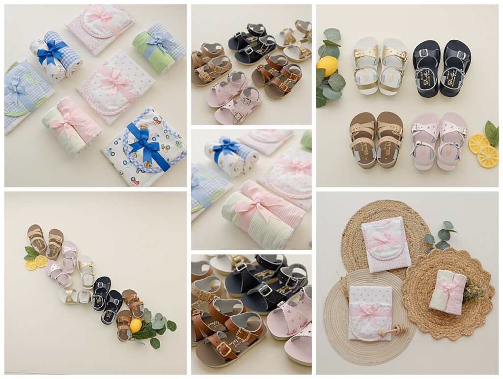 eautiful collection of pastel baby blankets and leather sandals tied with bows, captured in a soft lifestyle setup by Shreveport brand photographer.