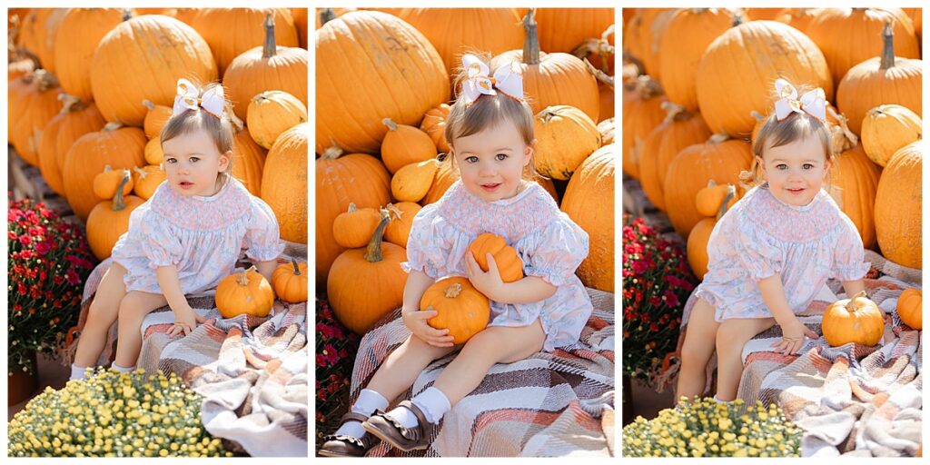 Little girl picking out pumpkins in Shreveport family photo session