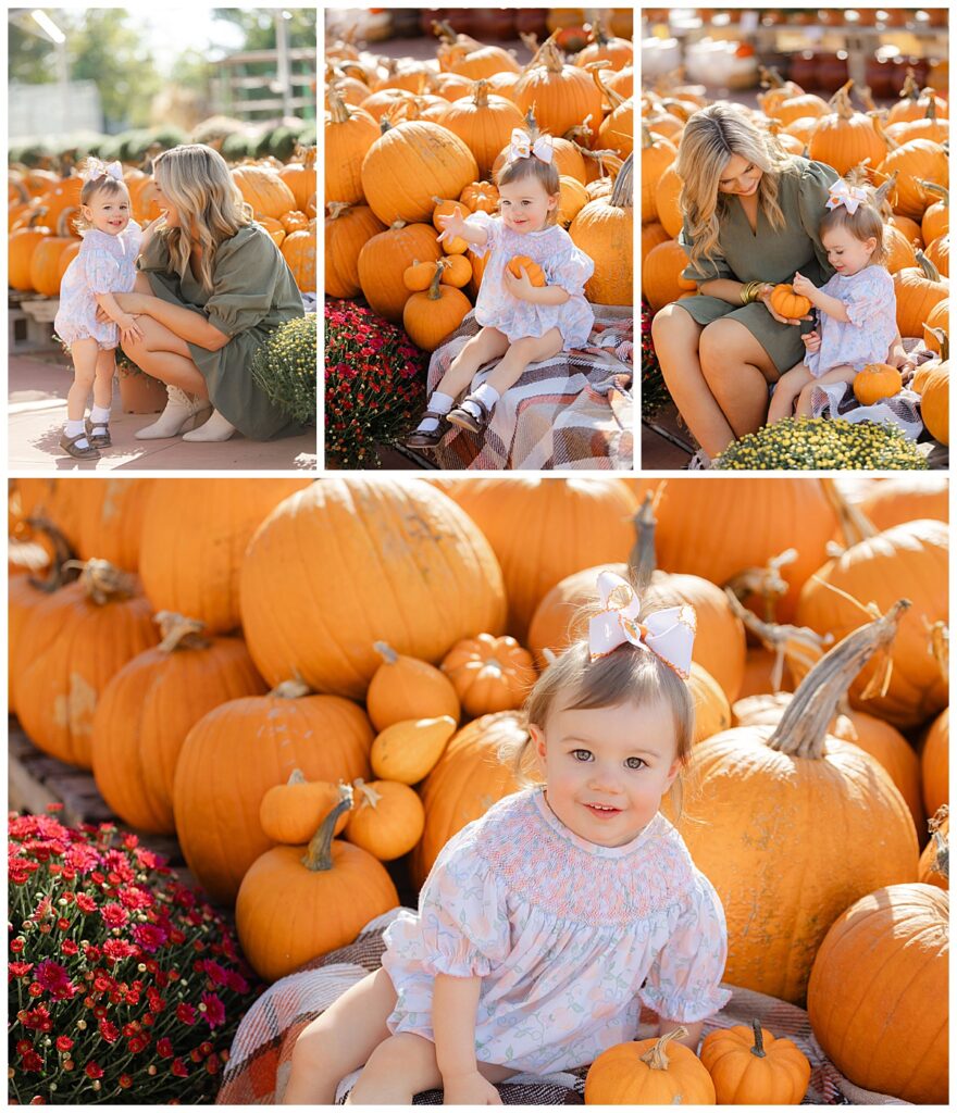 Mom holding her toddler at a pumpkin patch during fall family photos in Shreveport, Louisiana