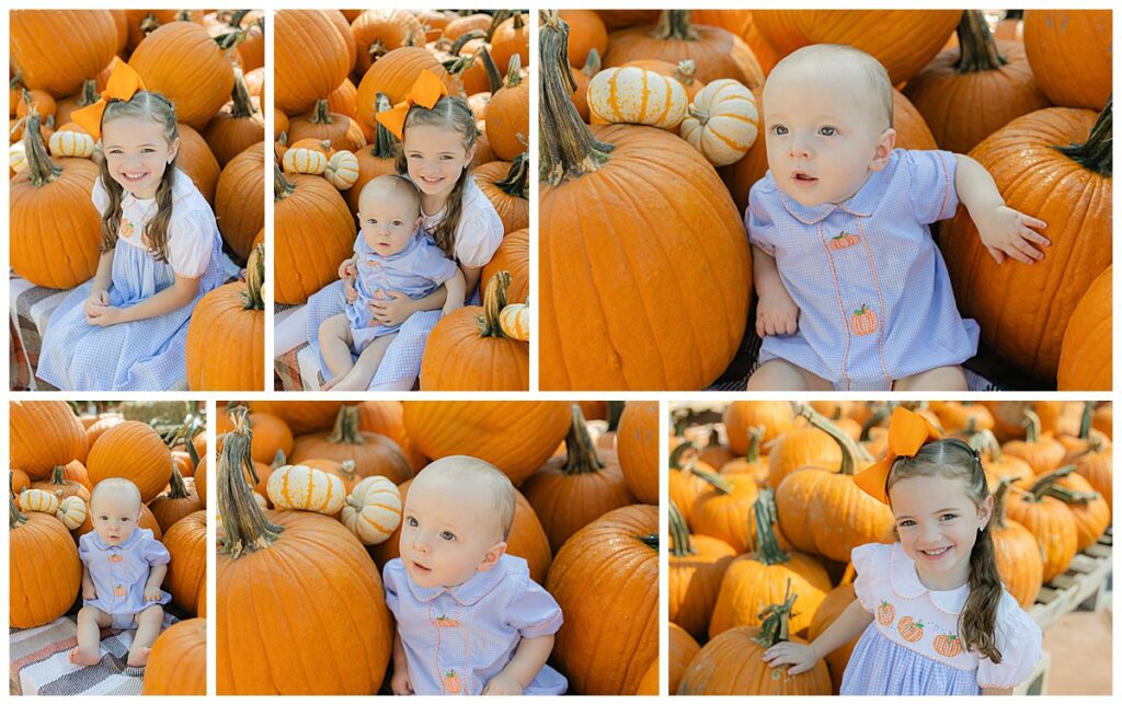 Kids hugging and smiling surrounded by pumpkins and fall leaves in Louisiana