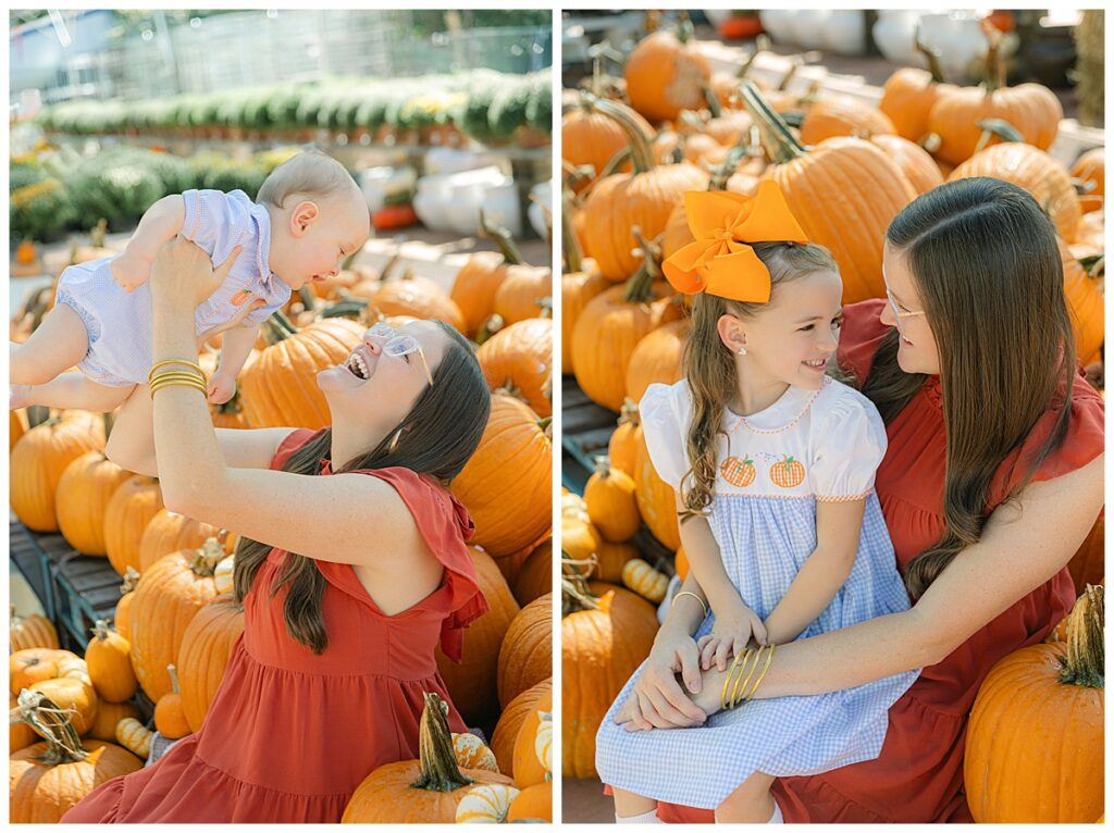 Mom and children laughing for pumpkin photoshoot.