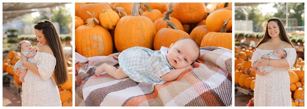 Candid moment of mom kissing her baby boy on the cheek during pumpkin patch photoshoot