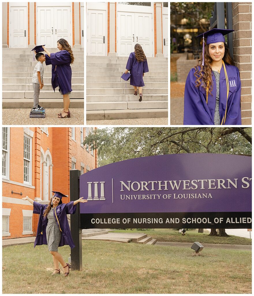 Woman and her son taking college graduation pictures.