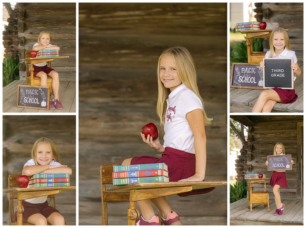 Girl sits on desk for back to school photoshoot.
