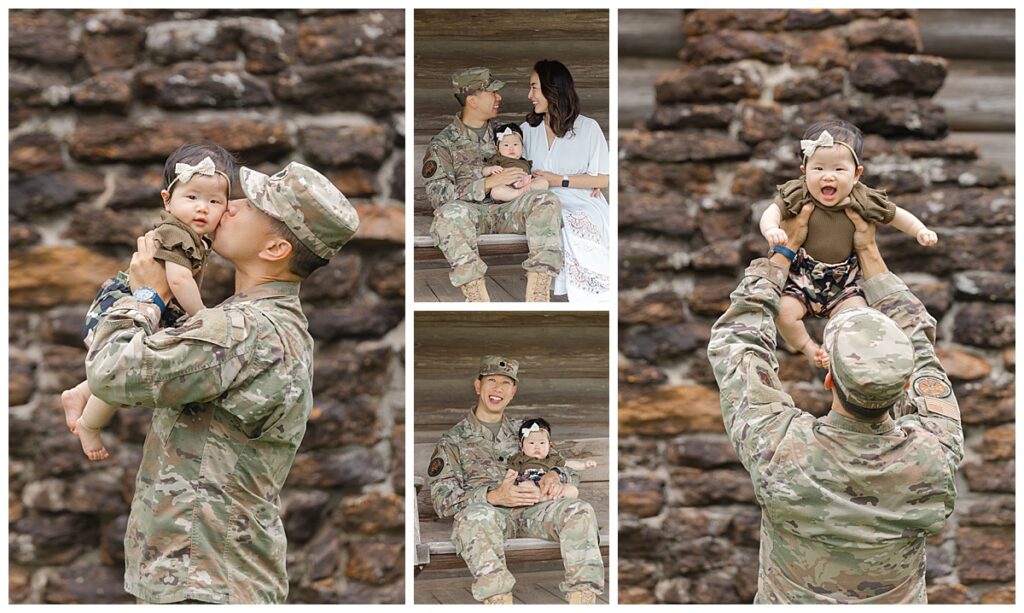 A military man holding his newborn daughter.