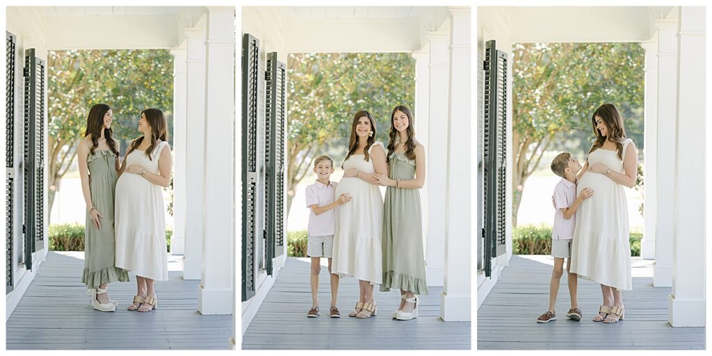Mother hugging her daughter and young son during warm fall Shreveport maternity photography session.