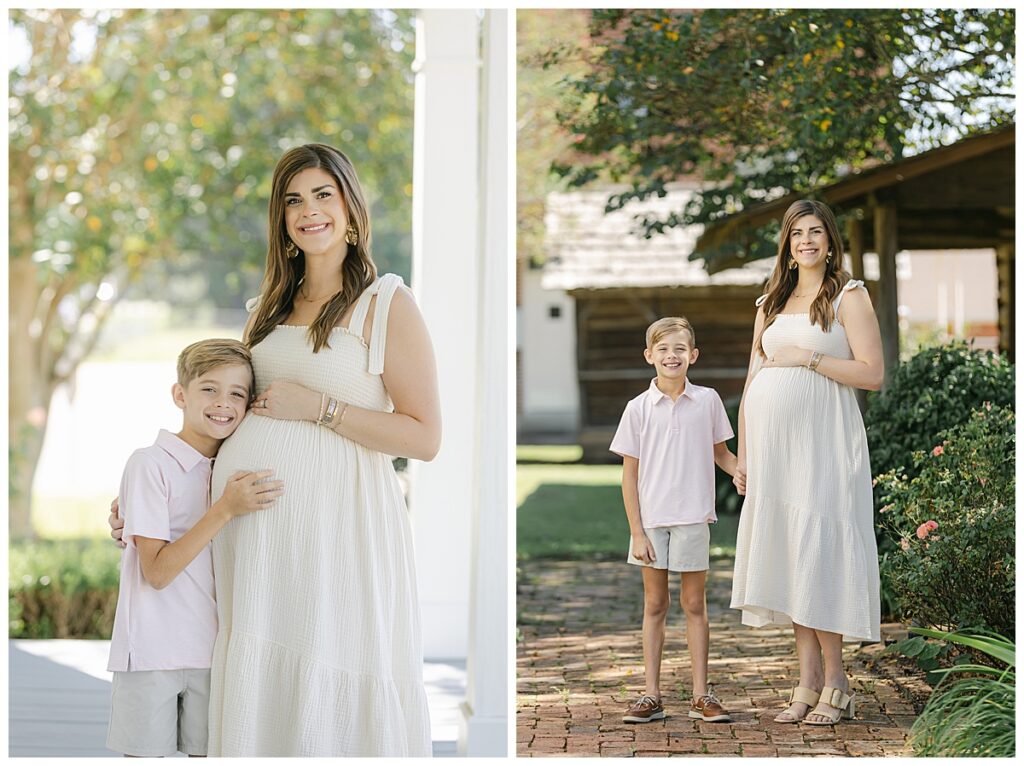 Little boy touching his mom’s baby bump during outdoor Shreveport maternity photos.