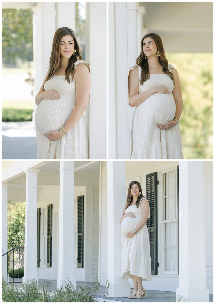 Close-up of mom holding her baby bump — fall maternity photography in Shreveport, LA.