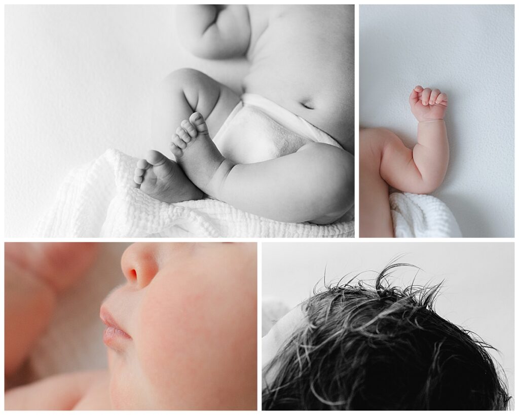 Macro photos of baby hands, feet, and features captured in a soft natural light newborn detail session in Shreveport, Louisiana.