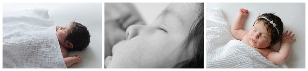 Close-up of newborn baby toes wrapped in a soft white blanket during a baby detail photography session in Shreveport.