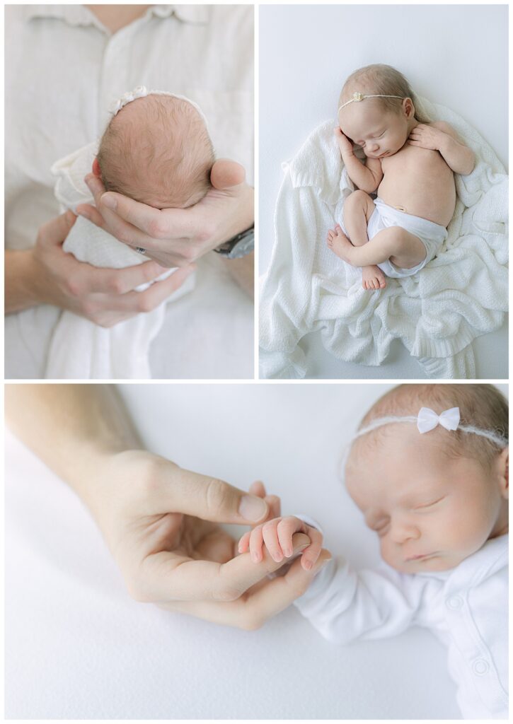 Peaceful newborn baby sleeping under a white blanket, showcasing fine details and eyelashes in a Shreveport newborn photography session.