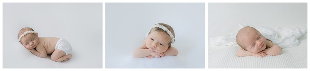 Newborns posed with their hands under their chins.