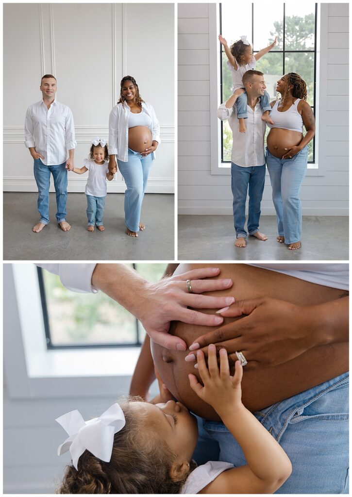 Family laughing during maternity session in Shreveport, Louisiana.