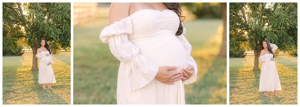 Mother holding pregnant belly in sunset session.