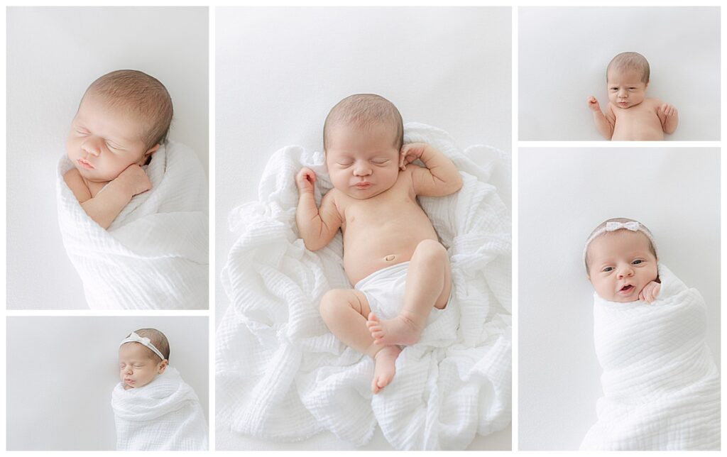 Newborn swaddled in white cloth.