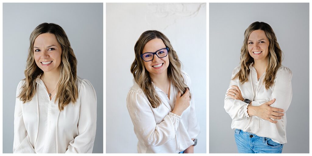 Woman in white button up posing for business headshots