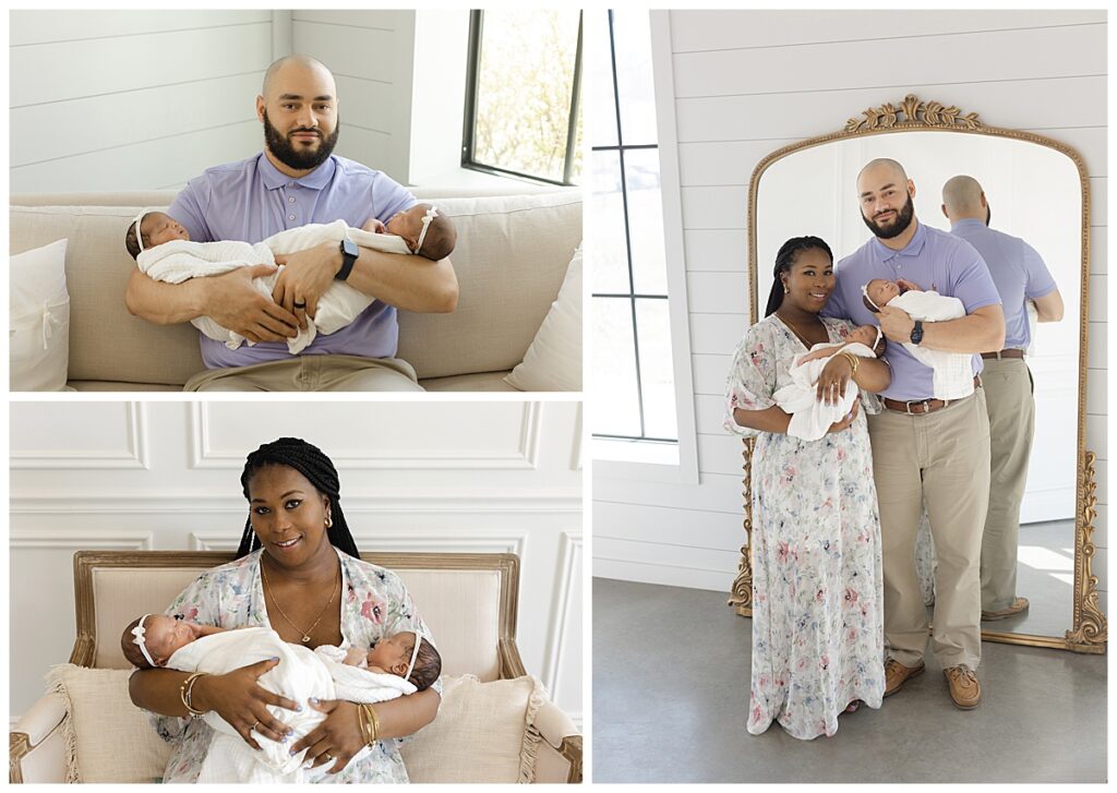 Parents of twins holding babies in both arms