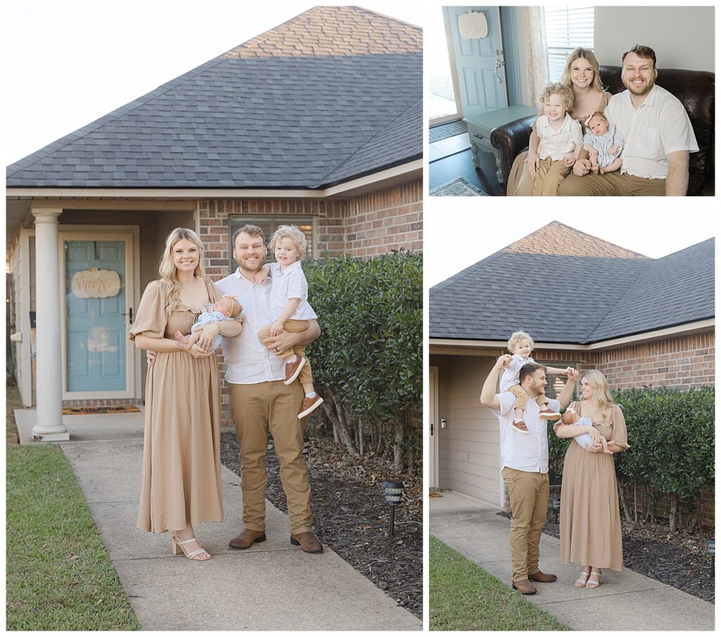Family with new baby standing outside their home.