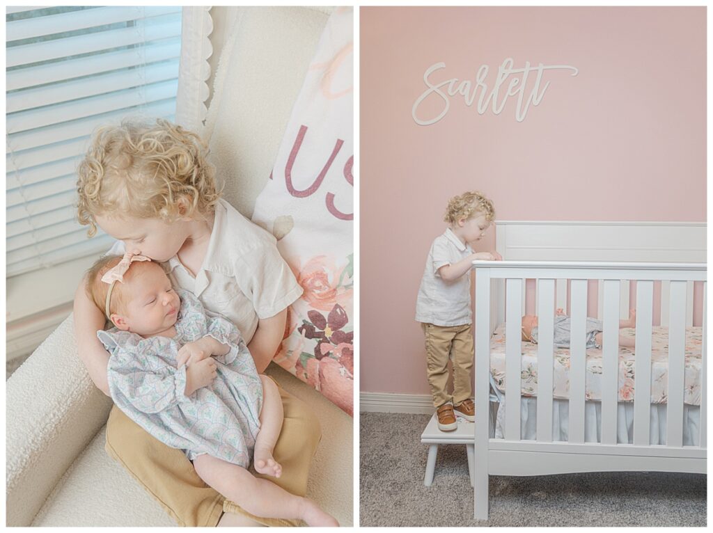 Big brother admiring new baby sister.