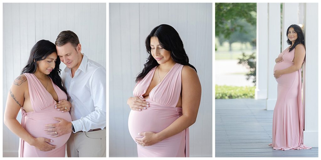 Mother holding pregnant belly.