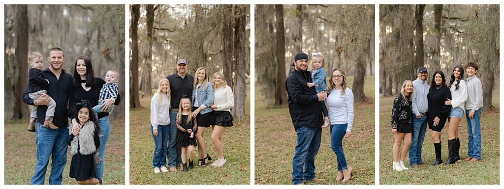 Large family portrait with four families posing near Louisiana cypress trees.