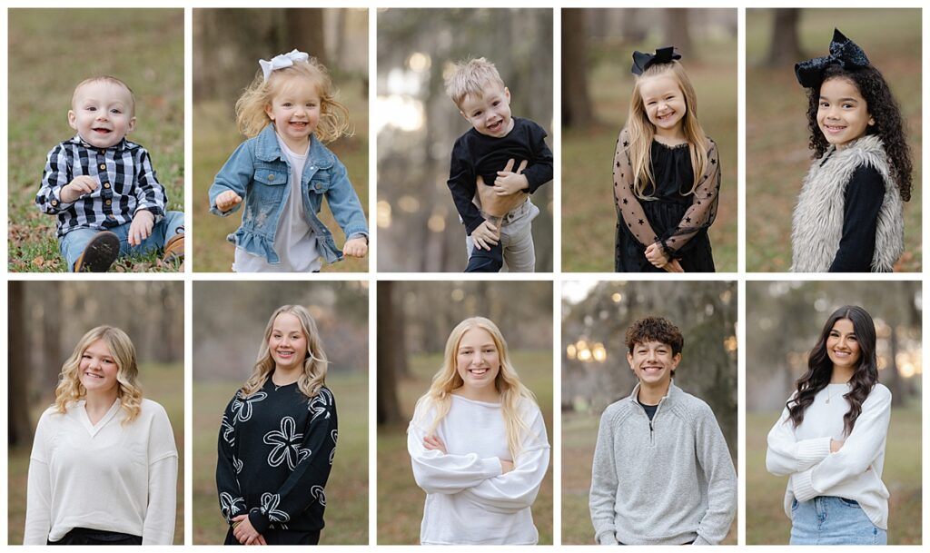 Kids smiling during a posed family photography session in Louisiana.