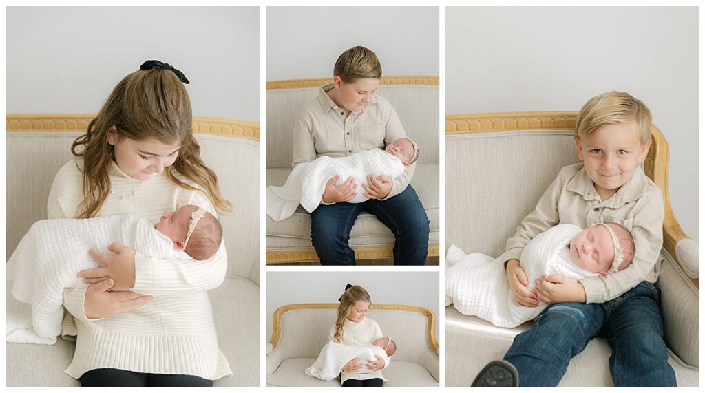Siblings holding newborn during in-home newborn photography in Bossier City