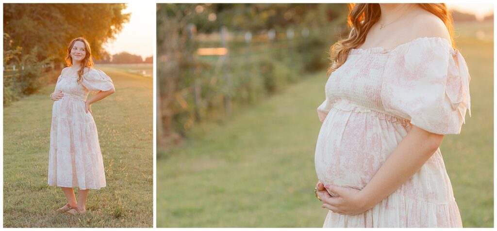 Sunset maternity photoshoot in Shreveport–Bossier – client in floral off-shoulder gown with soft glow