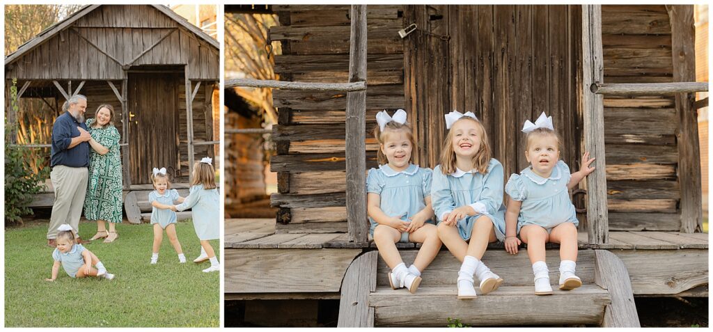 Relaxed family photo session in Bossier with parents and three daughters playing near rustic wood cabin