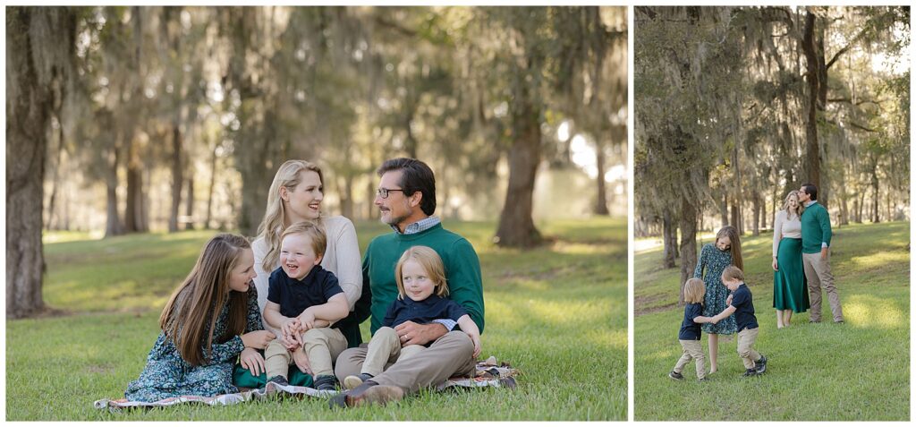 Relaxed family photo session in Bossier with parents and three kids playing and snuggling under mossy trees