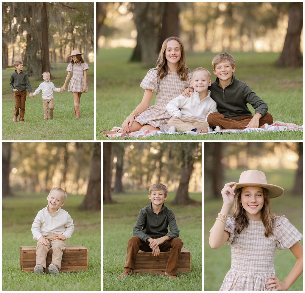 Relaxed family photo session in Bossier with siblings playing, posing, and smiling in fall outfits under trees