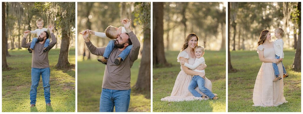 Relaxed family photo session in Bossier with parents and young son playing and cuddling in golden light