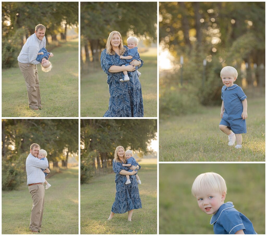 Relaxed family photo session in Bossier with toddler boy in blue outfit playing and snuggling with parents outdoors