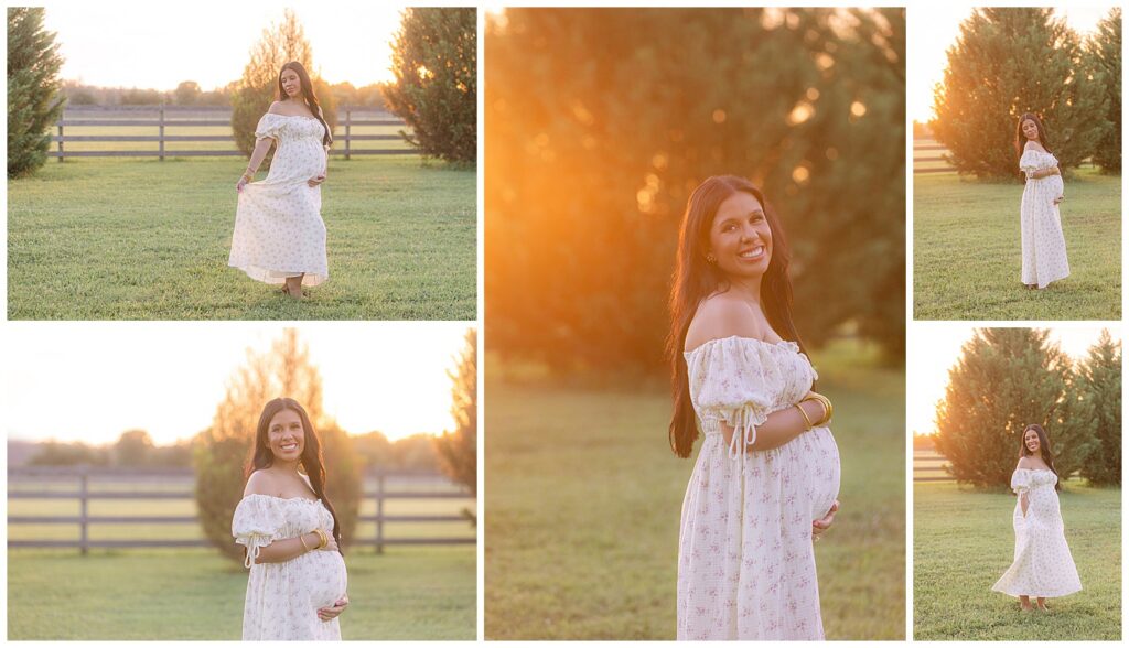 Golden hour maternity photography in Shreveport Louisiana featuring an outdoor sunset pregnancy session in a grassy field