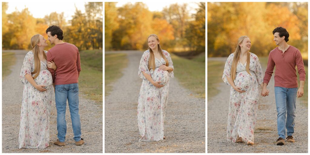 Golden hour maternity photography in Shreveport Louisiana featuring couple walking during outdoor sunset pregnancy session