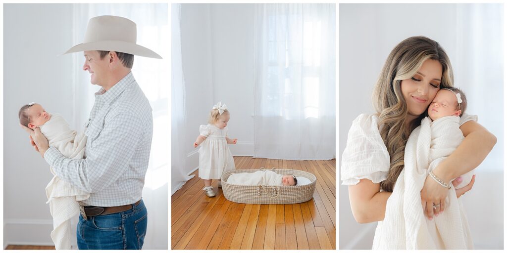 Lifestyle in-home newborn session in Benton, LA with parents and sibling photographed by a Shreveport-Bossier newborn photographer.