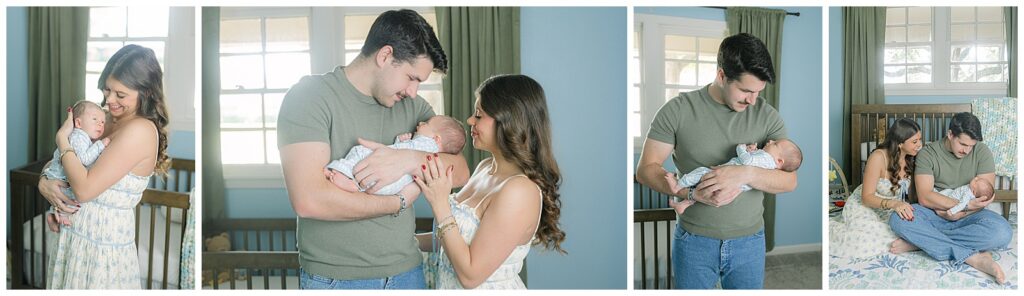 Lifestyle in-home newborn session in Benton, Louisiana with parents and baby photographed by a Shreveport-Bossier newborn photographer.