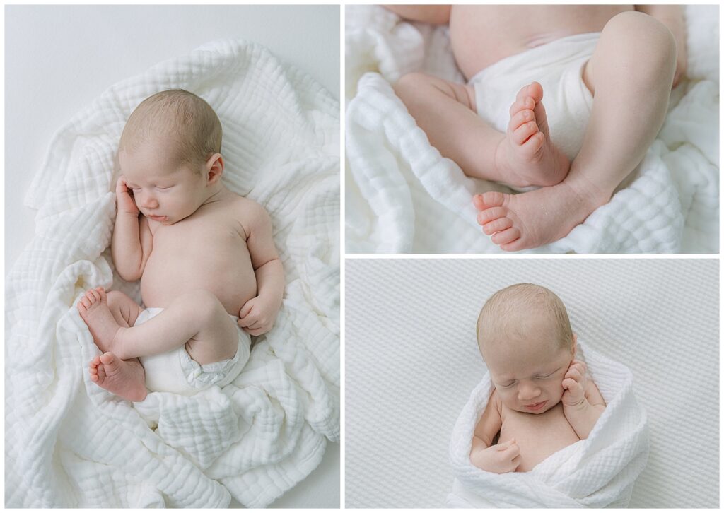 Newborn baby detail photos in Shreveport studio featuring tiny toes, curled pose, and wrapped newborn during newborn detail photography session