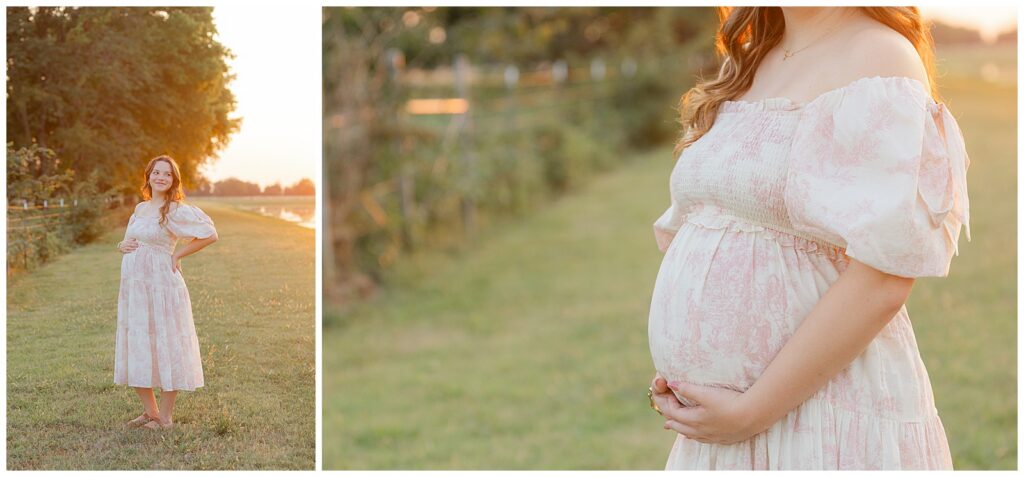 Shreveport maternity photographer capturing a sunset maternity session in Northwest Louisiana with warm golden hour light