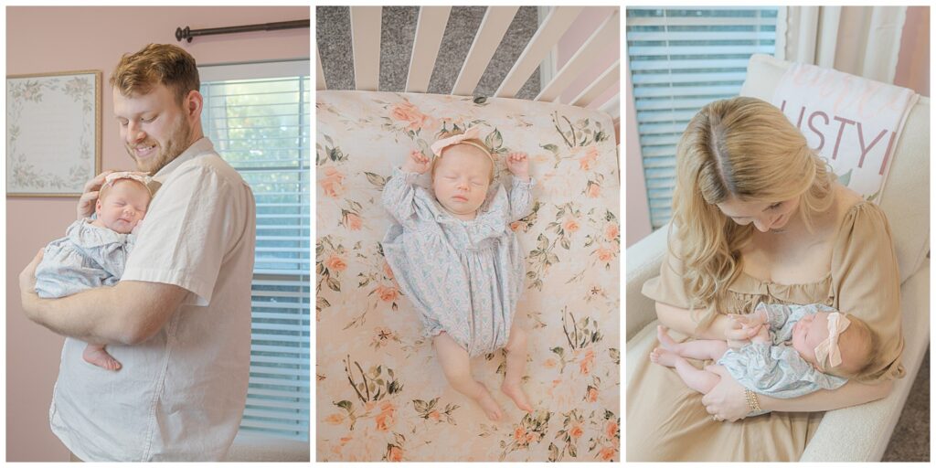 Studio newborn photos in Shreveport-Bossier featuring baby girl portraits with parents, photographed by a newborn photographer serving Benton, LA.