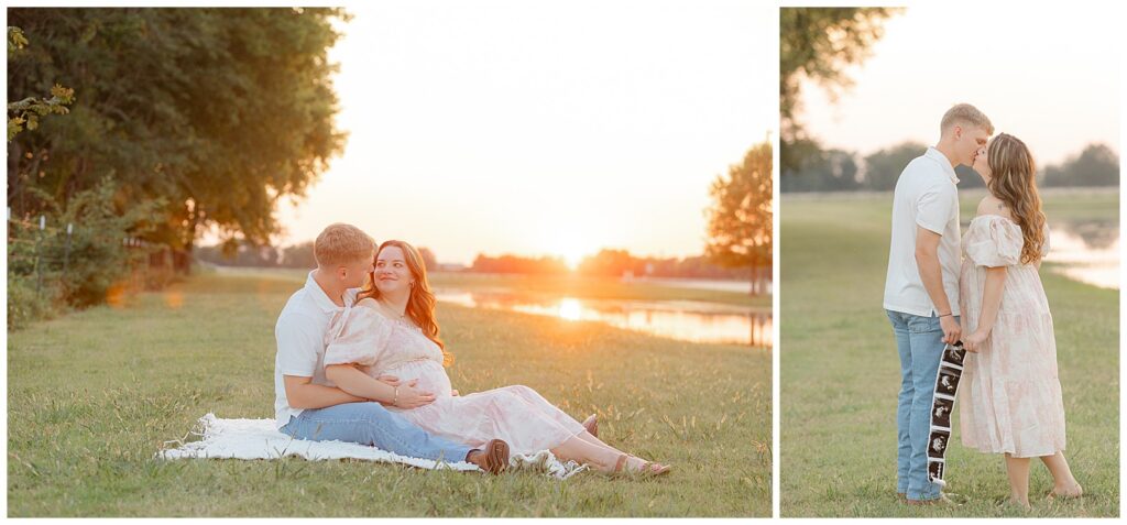 Golden hour maternity photography in Shreveport Louisiana featuring a couple during a sunset pregnancy session in an open field