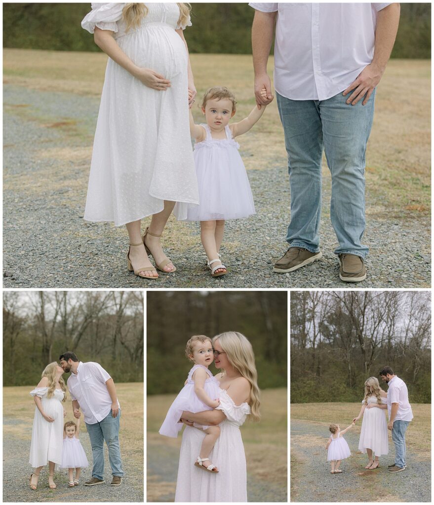 pregnant mom and dad walking with toddler during outdoor maternity session with siblings in Shreveport Louisiana
